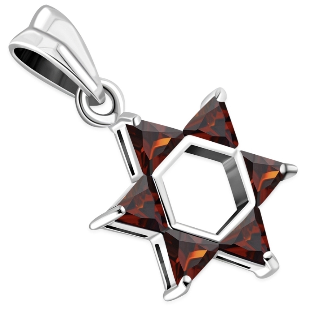 PENDANT, Sterling Silver Star of David with 6 Garnet CZ gems Medium